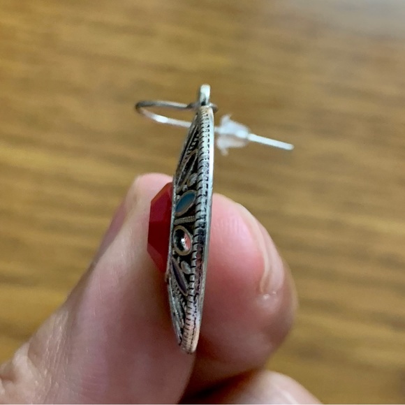 Boho Silver Floral Disk Drop Earrings - Picture 6 of 9